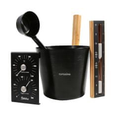 Topsauna Savna set - Vedro, zajemalka, termometer z higrometrom, peščena ura, les/aluminij - črna