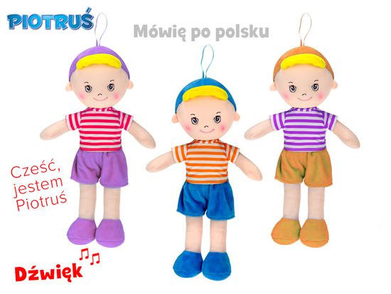 Košarasta lutka Piotrus' 32 cm na baterije poljsko govoreča - mešanica barv (modra, vijolična, oranžna)