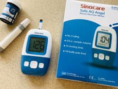 Sinocare glukometer Safe AQ Angel, 25 trakov, 25 lancet, pisalo za vzorčenje, torbica