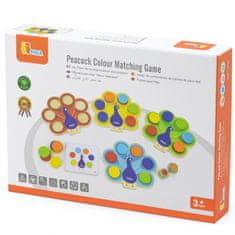 Viga Toys Montessori Lesena igra za ujemanje barv s pavovim repom + kartice