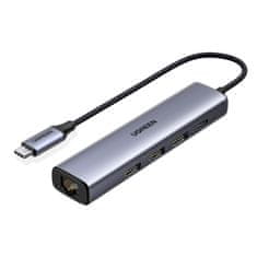 Ugreen Večnamenski adapter HUB razdelilnik USB-C - 3x USB Ethernet RJ-45 USB-C PD siva