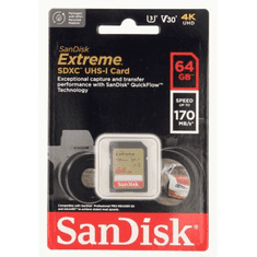 SanDisk Extreme 64 GB SDXC pomnilniška kartica 170 MB/s in 80 MB/s, UHS-I, razred 10, U3, V30