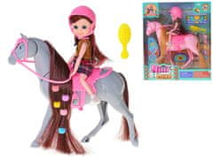 Lutka jezdec 16 cm s konjem 25,5 cm in dodatki - mešanica barv (roza, siva)