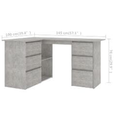 Vidaxl Kotna pisalna miza betonsko siva 145x100x76 cm iverna plošča