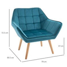 HOMCOM HOMCOM Skandinavsko oblikovan fotelj iz lesa in žameta petrolejske barve, za dnevno sobo ali pisarno, 64x62x72,5 cm