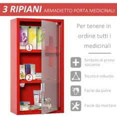 KLEANKIN medicinska omarica, jeklena in steklena medicinska omarica s 3 policami in 2 ključema, rdeča, 25x12x48cm
