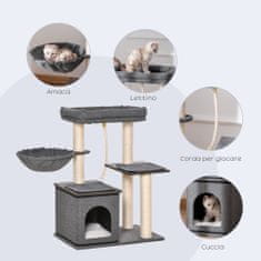 PAWHUT PawHut praskalnik za odrasle mačke in mačke 83 cm, posteljica, viseča mreža, mačja hiška in sisalove palice, plišasta prevleka in pralne blazine, siva