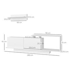 HOMCOM Komplet TV omarice z omaricami in
visečo polico, lesen TV stenski sistem za dnevno sobo, bela