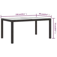 Vidaxl Vrtna miza 150x90x75 cm kaljeno steklo in poli ratan rjava