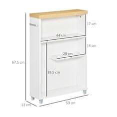 KLEANKIN kleankin 13 cm ozek kopalniški voziček za shranjevanje, predalnik s policami in 4 kolesi iz belega lesa 50x13x67,5 cm