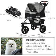 PAWHUT 3-kolesni zložljivi voziček za pse z
zavorami, košarico za shranjevanje in držalom za steklenico, iz jekla in oksforda, sive in črne barve,
109,5x57,5x106,5 cm