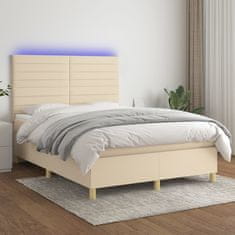 Vidaxl Box spring postelja z vzmetnico LED krem 140x190 cm blago