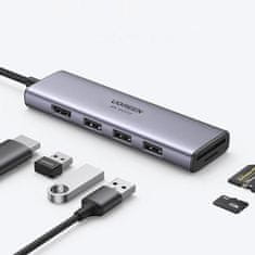 Ugreen 6v1 večnamenski USB Type C HUB - 3x USB 3.2 Gen 1 / HDMI 4K 60Hz / bralnik kartic SD in TF sive barve (60383 CM511)