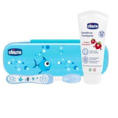 Chicco Set zobna ščetka z etui + pasta, od 12 m, modre barve