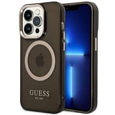 Guess iphone 14 pro max 6,7" ovitek črno/črno trdo ohišje zlata obroba prosojna magsafe