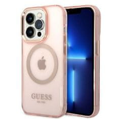 Guess iphone 14 pro 6,1" roza/pink trdi ovitek zlata obrisa prosojen magsafe