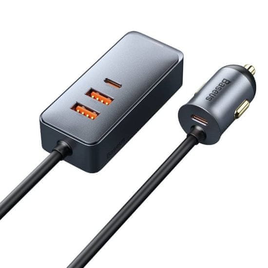 BASEUS CCBT-A0G Hitri avtomobilski polnilnik s podaljševalnim kablom 120W 2x USB + 2x USB-C Siva