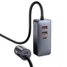 BASEUS CCBT-A0G Hitri avtomobilski polnilnik s podaljševalnim kablom 120W 2x USB + 2x USB-C Siva