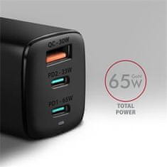 AXAGON ACU-DPQ65, omrežni polnilec GaN 65 W, 3 vhodi (USB-A + dvojni USB-C), PD3.0/QC4+/PPS/Apple, črn