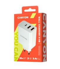 Canyon Mrežni polnilnik H-08, napajanje - 1x USB-C (hitro polnjenje), 2xUSB A, bel