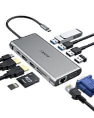 Aukey AUKEY CB-C78 Hibridni USB-C Hub 12-v-1 z Ethernetom, HDMI 4K, USB 3.1, SD, in Podporo za PD do 100 W, Črn