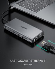 Aukey AUKEY CB-C78 Hibridni USB-C Hub 12-v-1 z Ethernetom, HDMI 4K, USB 3.1, SD, in Podporo za PD do 100 W, Črn