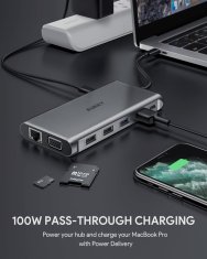 Aukey AUKEY CB-C78 Hibridni USB-C Hub 12-v-1 z Ethernetom, HDMI 4K, USB 3.1, SD, in Podporo za PD do 100 W, Črn