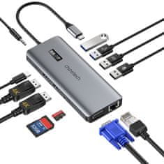 Choetech Večnamenski adapter HUB z zaslonom USB-C USB-A VGA AUX SD TF 12v1 siv