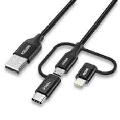 Choetech MFI Kabel USB Lightning USB Type C micro USB 3v1 1,2 m črn