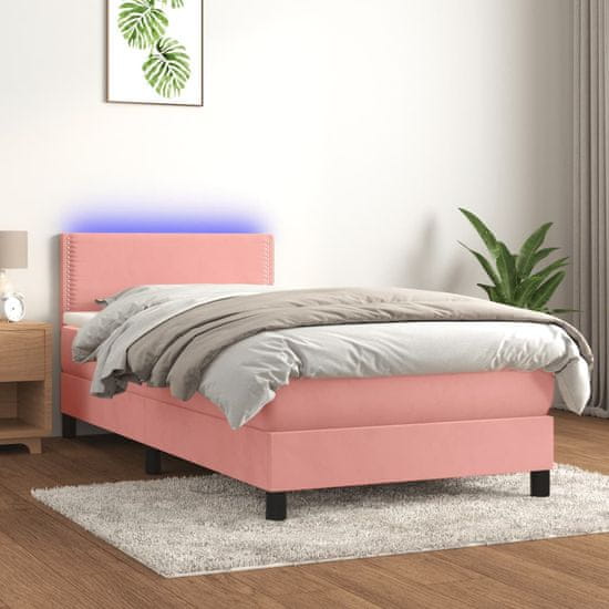 Greatstore Box spring postelja z vzmetnico LED roza 90x190 cm žamet