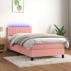 Greatstore Box spring postelja z vzmetnico LED roza 90x190 cm žamet