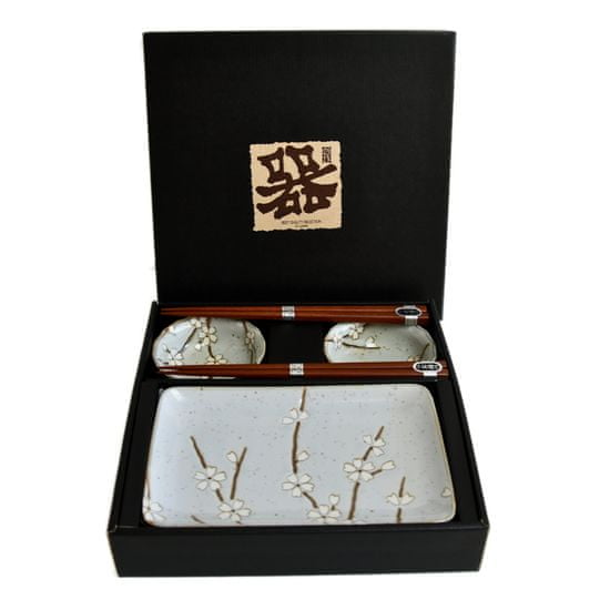 MIJ Sushi Set Grey with White Petals 4 kosi s palčkami