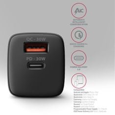 AXAGON ACU-PQ30, polnilec 30 W, 2x vrata (USB-A + USB-C), PD3.0/PPS/QC4+/SFC/AFC/Apple