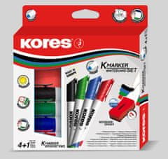 Kores K-MARKER SET 4 kosi markerjev za bele table in flipcharte z okroglo konico + magnetna gobica za brisanje