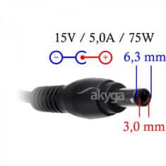 Akyga polnilec za prenosne računalnike 15V/5.0A 75W 6.3x3.0 mm za TOSHIBA