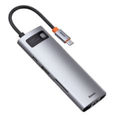 BASEUS Večnamenski HUB 8v1 USB USB-C PD 100W HDMI Bralnik kartic SD in microSD 3x USB 3.2 RJ45 Siva